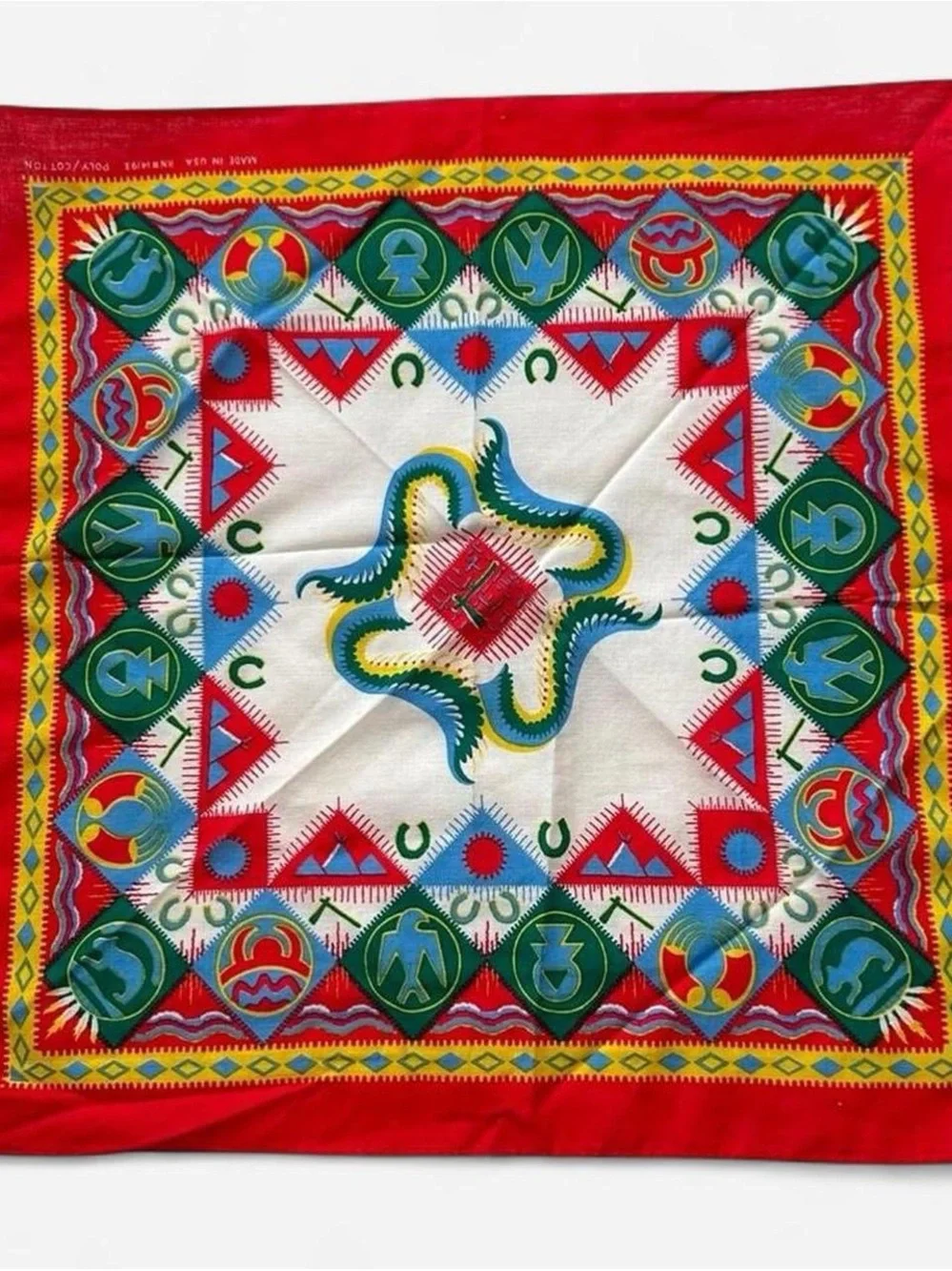 Vintage 1990s Vibrant western Geometric Silk Scarf in Red, Green, Blue, Yellow